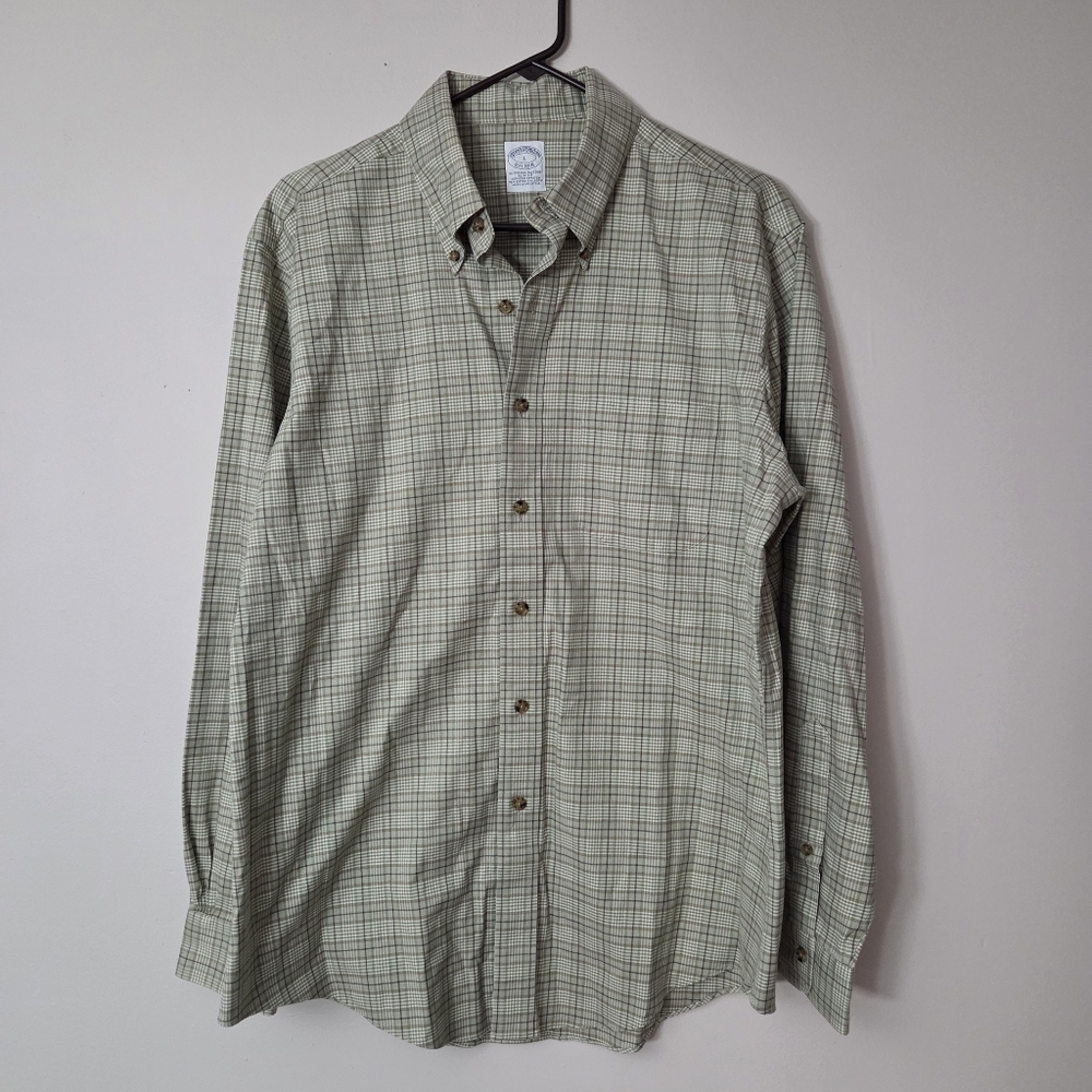 Brooks Brothers Green Plaid Buttom Down Long Sleeve Men's Large Slim Fit Cotton